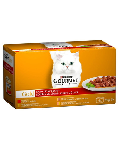 GOURMET GOURMET GOLD -kousky hovězího v omáčce + krůtí a kachna + kuřecí a játra + losos a kuřecí MP 12(4x85g)