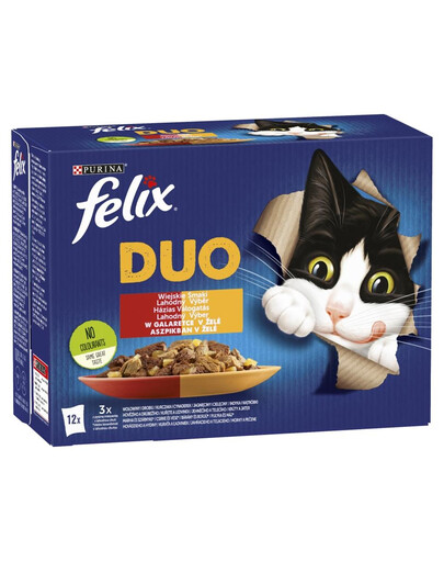 FELIX Duo Country Flavors v želé (hovězí a drůbeží, kuřecí a ledvinky, jehněčí a telecí, krůtí a játra) 12x85 g mokré krmivo pro kočky