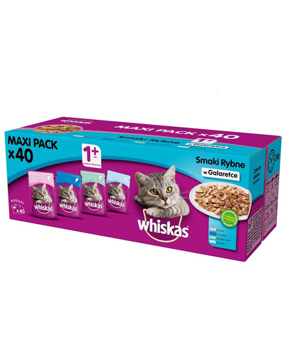 WHISKAS Adult Ryby a tradiční příchutě - vlhké krmivo pro kočky v želé (kuře, losos, hovězí maso, tuňák )
