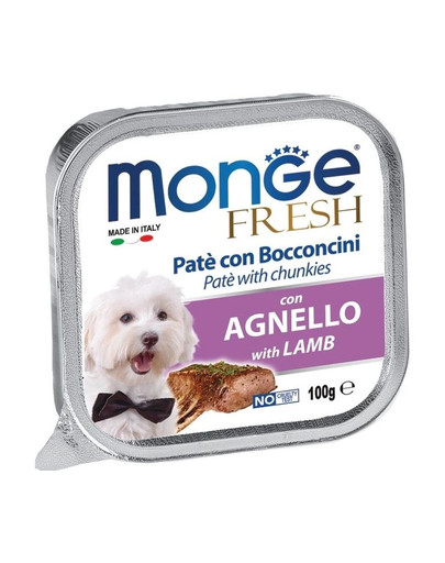 MONGE Dog Fresh paštika a kousky s jehněčím 100g