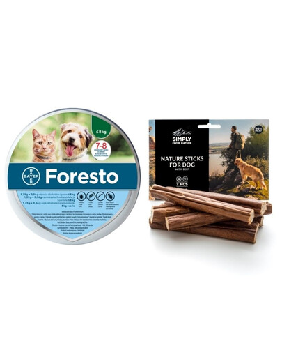 Levně BAYER FORESTO pro kočky a psy do 8 kg + SIMPLY FROM NATURE Přírodní tyčinky s hovězím masem 3 ks.