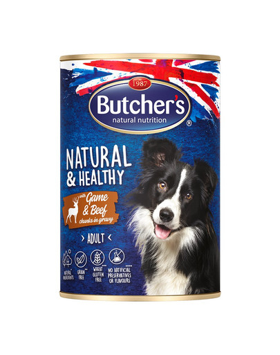 BUTCHER'S Natural&Healthy Dog s kousky zvěřiny a hovězího masa v omáčce 400g