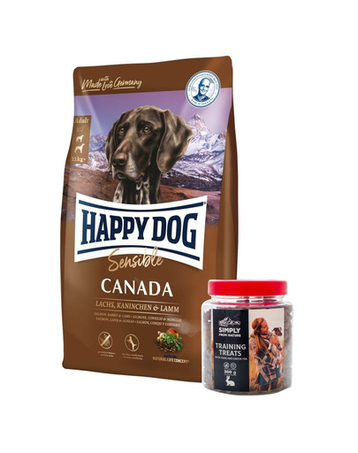 HAPPY DOG Supreme Canada 12,5 kg + SIMPLY FROM NATURE Tréninkové pamlsky se zaječím masem a zeleným čajem 300 g