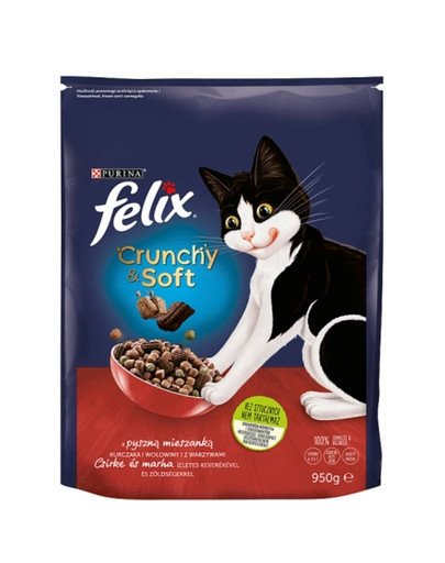 FELIX Crunchy & Soft Dry Kuře, hovězí a zelenina 950g