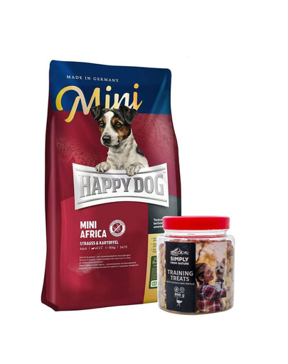 HAPPY DOG Mini Africa 4 kg + Tréninkové pamlsky s pštrosím masem a vanilkou 300 g