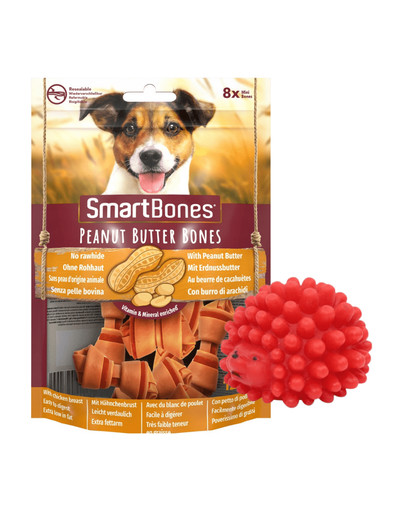 SmartBones Peanut Butter Mini 8 ks kousací tyčinky pro malé psy + Ježek hračka pro psa 6,5 ​​cm červená ZDARMA