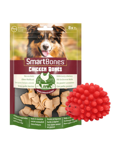 SmartBones Chicken Bones Mini 8 ks kosti pro malé psy + Ježek hračka pro psa 6,5 ​​cm červená ZDARMA