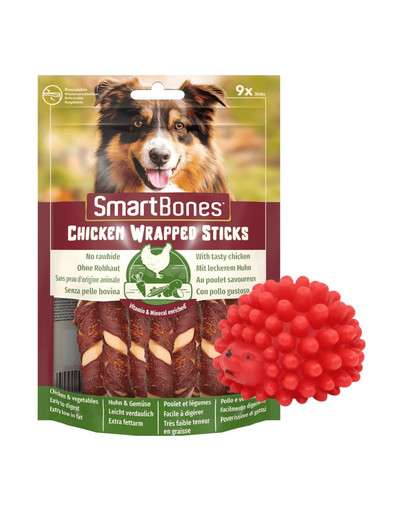 SmartBones Chicken Wrap Sticks Mini 9ks tyčinky pro malé psy + Ježek hračka pro psa 6,5 ​​cm červená ZDARMA