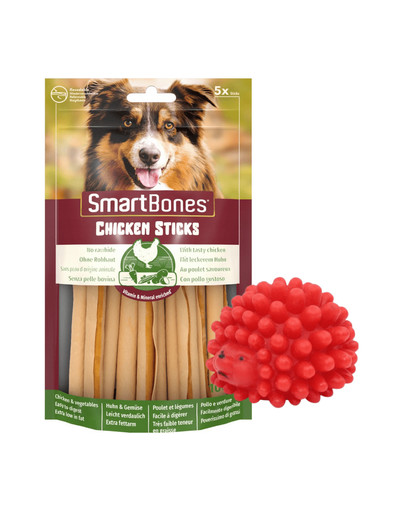 SmartBones Chicken Sticks 5ks tyčinky pro psy + Ježek hračka pro psa 6,5 ​​cm červená ZDARMA