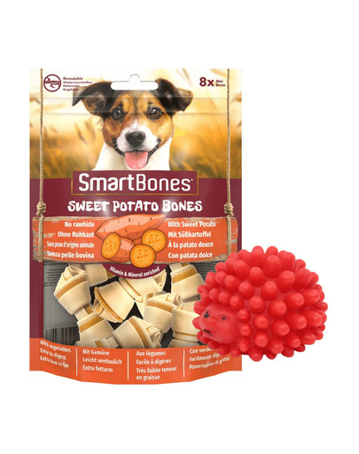 SmartBones Sweet Potato Bones Mini 8 ks  tyčinky pro malé psy + Ježek hračka pro psa 6,5 ​​cm červená ZDARMA
