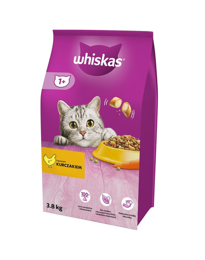 WHISKAS Adult 3x3,8 kg suché kompletní krmivo pro dospělé kočky s lahodným kuřecím masem