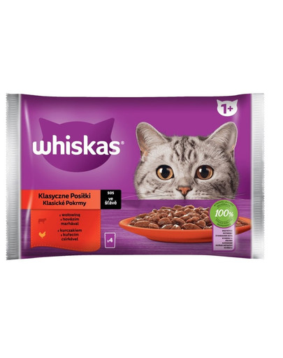 WHISKAS Classic Meals Kuřecí a hovězí maso v omáčce 4x85g