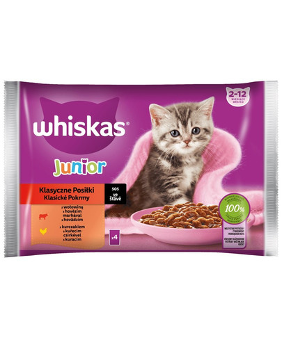 WHISKAS Junior Classic Meals Kuřecí a hovězí maso v omáčce 4x85g