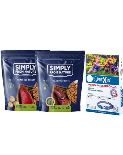 Levně SIMPLY FROM NATURE Tréninkové pamlsky 300 g x 2 ks + FREXIN Insekticidní obojek pro psy, 35 cm