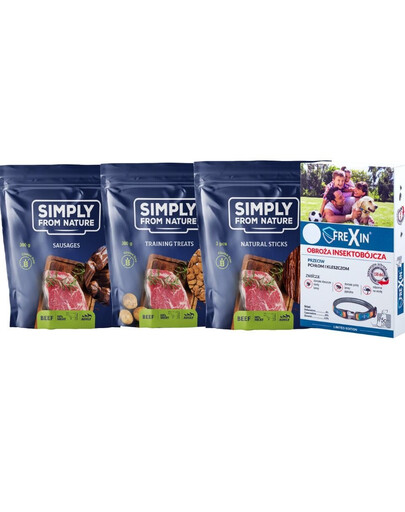 SIMPLY FROM NATURE Sada přírodních pamlsků s hovězím masem + FREXIN Insekticidní obojek pro psy 75 cm