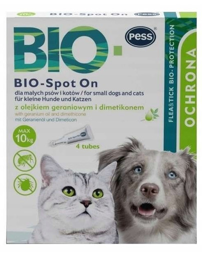 PESS BIO Spot-on kapky proti klíšťatům a blechám pro malé psy a kočky 4x1g s pelargónovým olejem