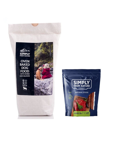 SIMPLY FROM NATURE pečené granule s koňským masem a lososem 1,2 kg + Přírodní tyčinky s koňským masem 3 ks