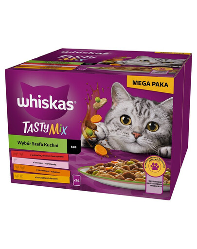 WHISKAS Adult Tasty Mix Výběr šéfkuchaře v omáčce 48x85 g kousků s hovězím, lososem, kuřecím a krůtím masem, kuřecím masem a treskou pro dospělé kočky