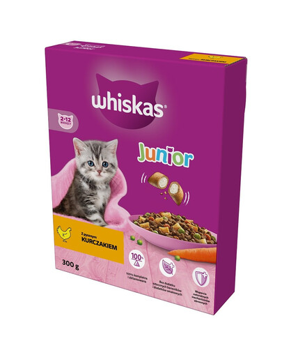 WHISKAS Junior 6x300 g suché kompletní krmivo s lahodným kuřecím masem pro koťata