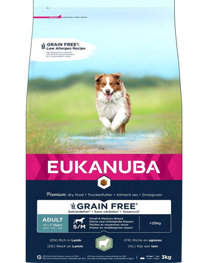 EUKANUBA Grain Free S/M Adult Jehněčí 3 kg pro dospělé psy malých a středních plemen