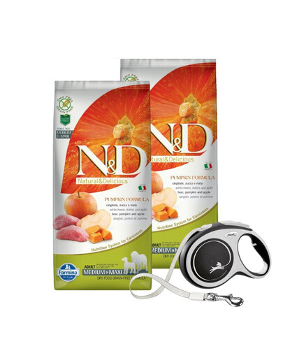 N&D GrainFree Pumpkin Boar & Apple Adult Medium & Maxi 2 x 12 kg  + FLEXI New Comfort L Tape 8 m ZDARMA