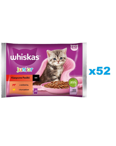 WHISKAS Junior 52x85g Vlhké krmivo pro koťata Classic Meals v omáčce s hovězím a kuřecím masem