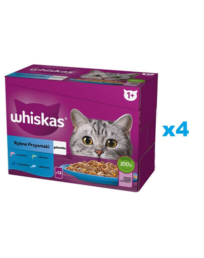WHISKAS Adult 48x85g Vlhké krmivo Fish Delicacies pro dospělé kočky v želé s: losos, tuňák, treska, bílá ryba