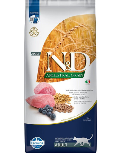 FARMINA N&D Ancestral Adult Cat Neutered 10 kg jehněčí, špalda, oves a borůvky