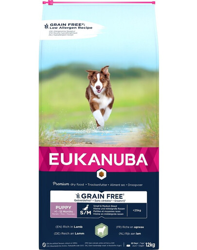 EUKANUBA Grain Free S/M Puppy Jehněčí 12 kg pro malá a střední plemena štěňat
