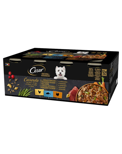 CESAR Natural Goodness Casserole 12x400 g s kuřecím masem, s bílou rybou, s krůtím masem v omáčce s celozrnnými obilovinami pro psy