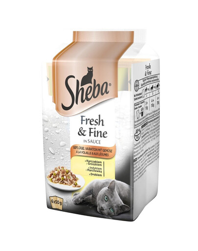 SHEBA v omáčce pro kočky 72x50g s kuřecím masem a hráškem, s krůtou a mrkví, s drůbeží