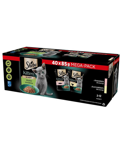 SHEBA Kitten Výběr příchutí 40x85g sáčky v kouscích omáčky s lososem, kuřecím masem pro koťata