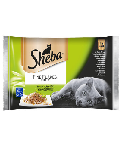 SHEBA  Fine Flakes in Jelly 4x85g - kapsička v želé  - bílá ryba, losos, krůtí, kuře