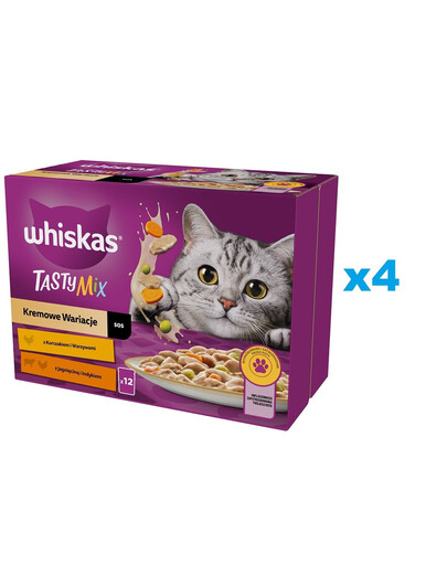 WHISKAS Adult 48x85g Krémové varianty vlhkého krmiva pro dospělé kočky v omáčce s: kuřecím masem a zeleninou, jehněčím masem a krůtím masem