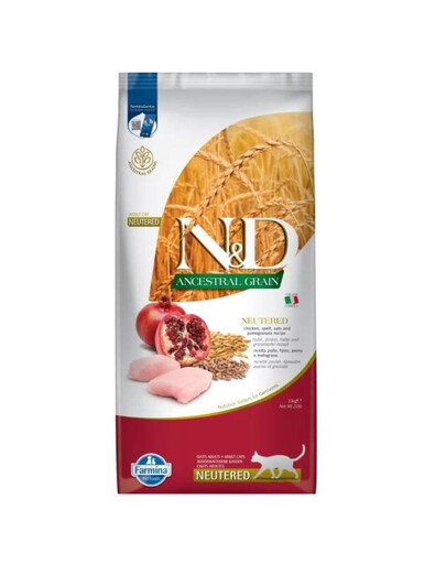 FARMINA N&D Ancestral Adult Cat Neutered 10 kg kuřecí maso, špalda, oves a granátové jablko