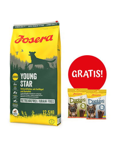 Levně JOSERA Dog Junior Youngstar 15kg Grainfree + 2 x JOSERA Denties with Poultry & Blueberry 180g ZDARMA