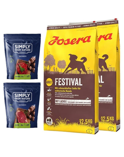 JOSERA Festival 2x12,5kg + SIMPLY FROM NATURE Klobásky pro psy s jelením masem 2x200 g 	