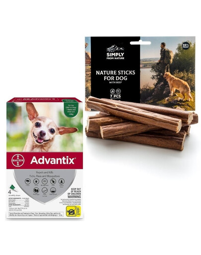 Levně BAYER ADVANTIX Spot-on roztok pro psy do 4 kg (4 x 0,4 ml) + SIMPLY FROM NATURE přírodní tyčinky s hovězím masem 3ks