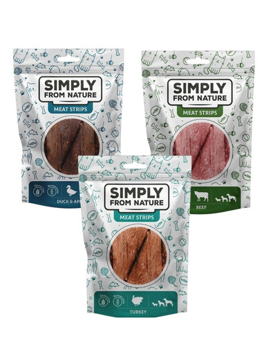 SIMPLY FROM NATURE Meat Strips Masové nudličky Mix příchutí: krůtí, hovězí, kachní 3x80 g