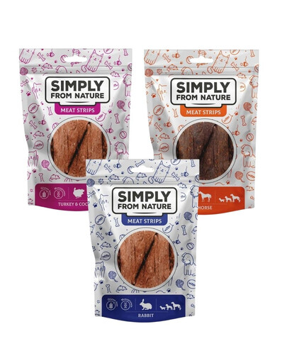 SIMPLY FROM NATURE Meat Strips pamlsky s králíkem, koňským masem a krůtou pro psy 3x80 g