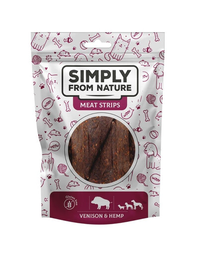 SIMPLY FROM NATURE Meat Strips Zvěřina s konopím pro psy 80g  + 20% sleva na druhý produkt