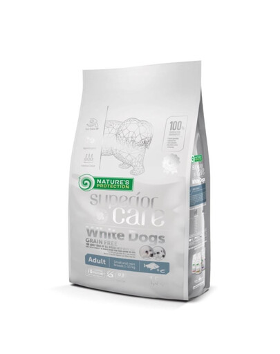 NATURES PROTECTION SUPERIOR CARE White Dogs Grain Free White Fish Adult Small and Mini Breeds 1,5 kgs bílými rybami pro malé psy s bílou srstí
