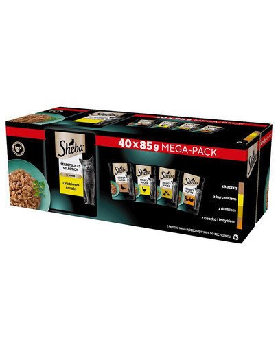 SHEBA Selection Select Slices Drůbeží příchutě 40x85 g v kouscích omáčky s: kachním, kuřecím, drůbežím, kachním a krůtím masem pro dospělé kočky