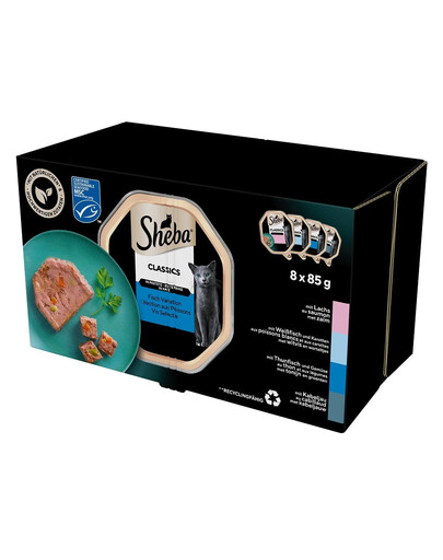 SHEBA Classics Rybí Smaki tácky 8x85 g v terině s lososem, bílou rybou a mrkví, tuňákem a zeleninou, treska