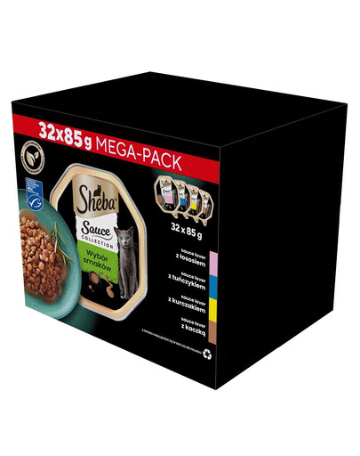 SHEBA Sauce Collection Výběr 4 příchutí 32x85 g Losos, tuňák, kuře a kachna