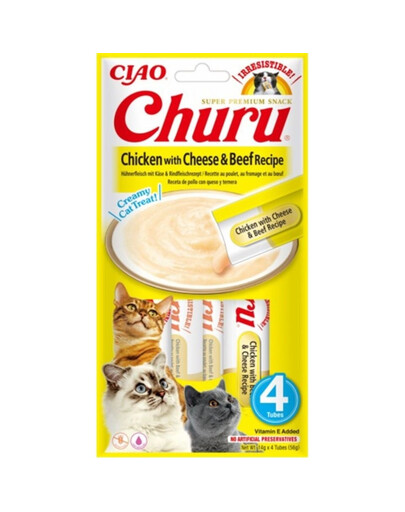 INABA Churu Chicken with cheese & beef 4x14g s kuřecím masem, sýrem a hovězím masem pro kočky