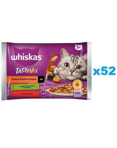WHISKAS Adult 52 x 85g Kolekce krmiva pro kočky Countryside Flavours v kouscích s jehněčím, kuřecím a mrkví, hovězím a drůbežím masem