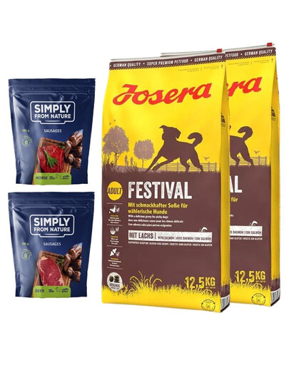 Levně JOSERA Festival 2x12,5kg + SIMPLY FROM NATURE Klobásky pro psy s jelením masem 2x200 g