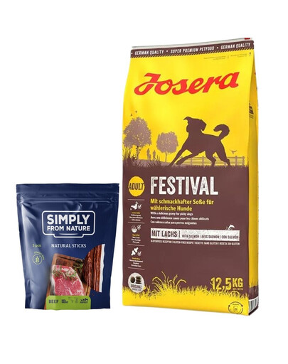 Levně JOSERA Festival 12,5kg + SIMPLY FROM NATURE Přírodní tyčinky s hovězím masem 3 ks.