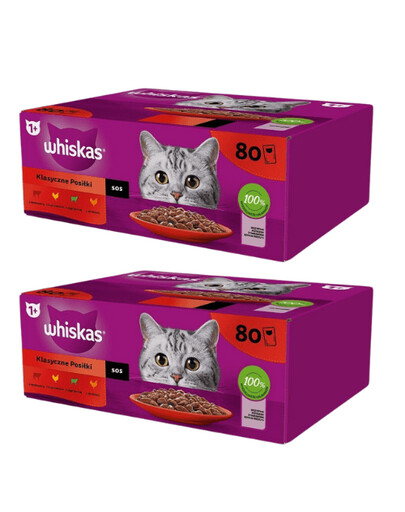 WHISKAS Adult 160 x 85 g Classic Meals - kapsičky pro kočky v omáčce (kousky s: hovězím, kuřecím, jehněčím, drůbežím)